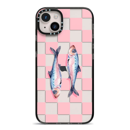 Pink Checkerboard Sardines iPhone 14 Plus Black Impact Case on Silver phone