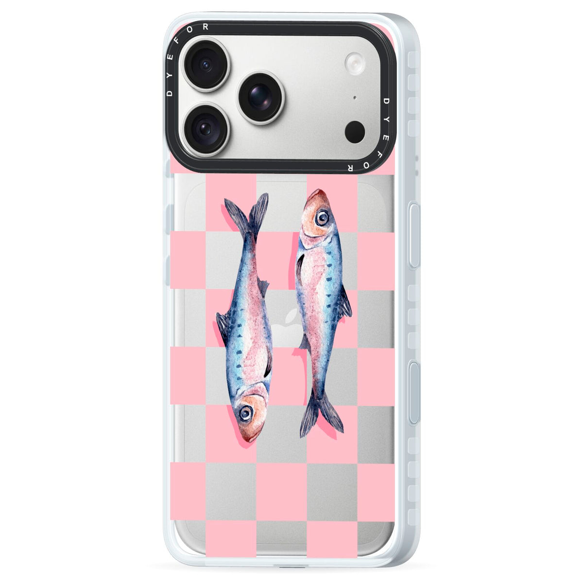 Pink Checkerboard Sardines iPhone 18 Pro Black Impact Pre order Case Side Angle on Silver phone