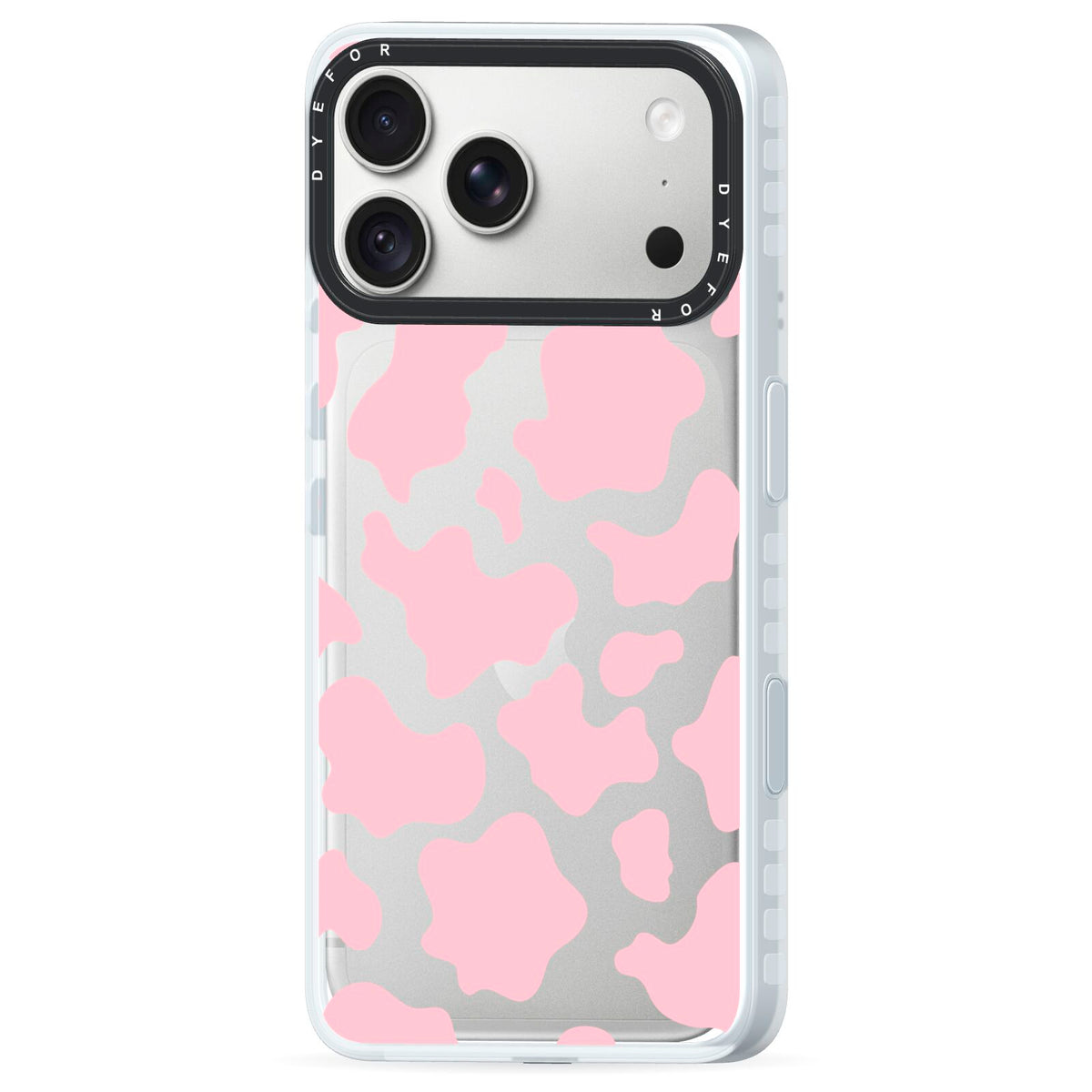 Pink Cow Print iPhone 18 Pro Black Impact Pre order Case Side Angle on Silver phone