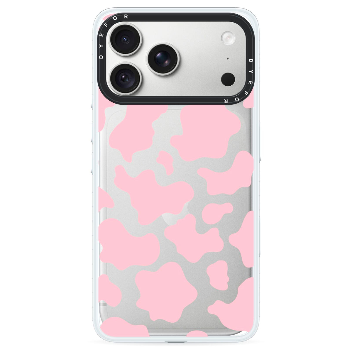 Pink Cow Print iPhone 18 Pro Black Impact Pre order Case on Silver phone