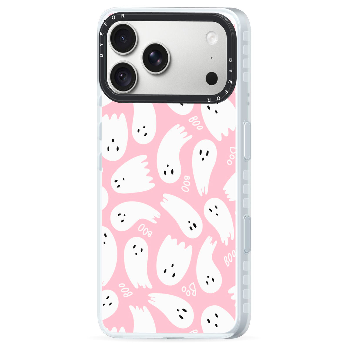 Pink Ghost iPhone 18 Pro Max Black Impact Pre order Case Side Angle on Silver phone