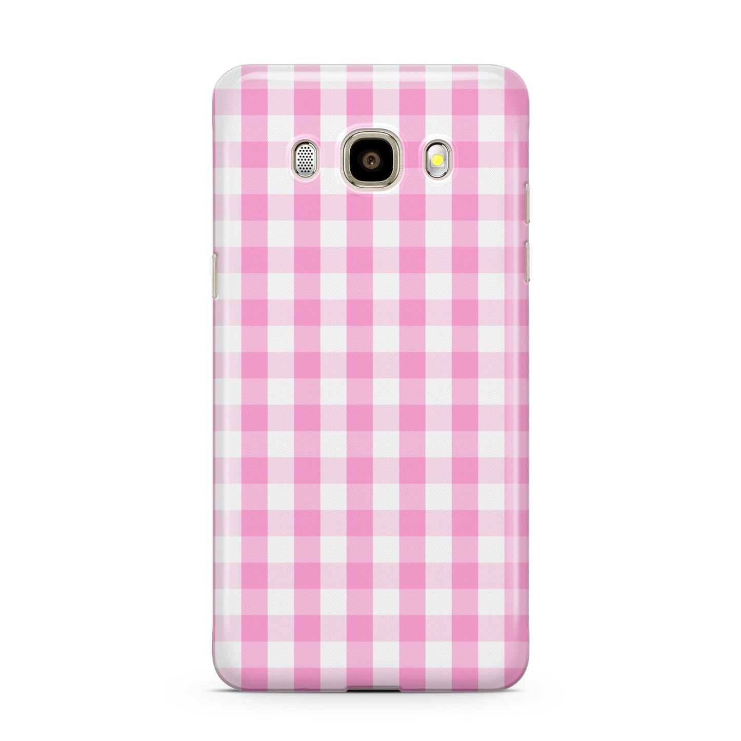 Pink Gingham Check Samsung Galaxy J7 2016 Case on gold phone