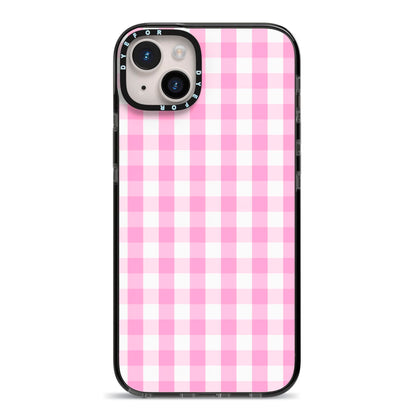 Pink Gingham Check iPhone 14 Plus Black Impact Case on Silver phone