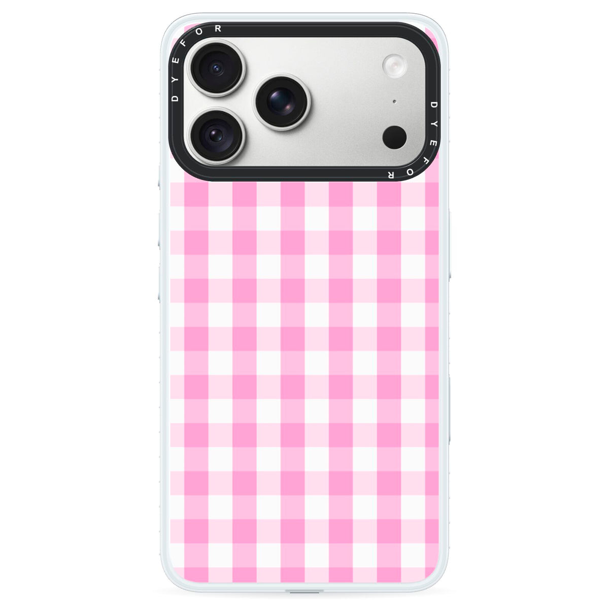 Pink Gingham Check iPhone 18 Pro Black Impact Pre order Case on Silver phone