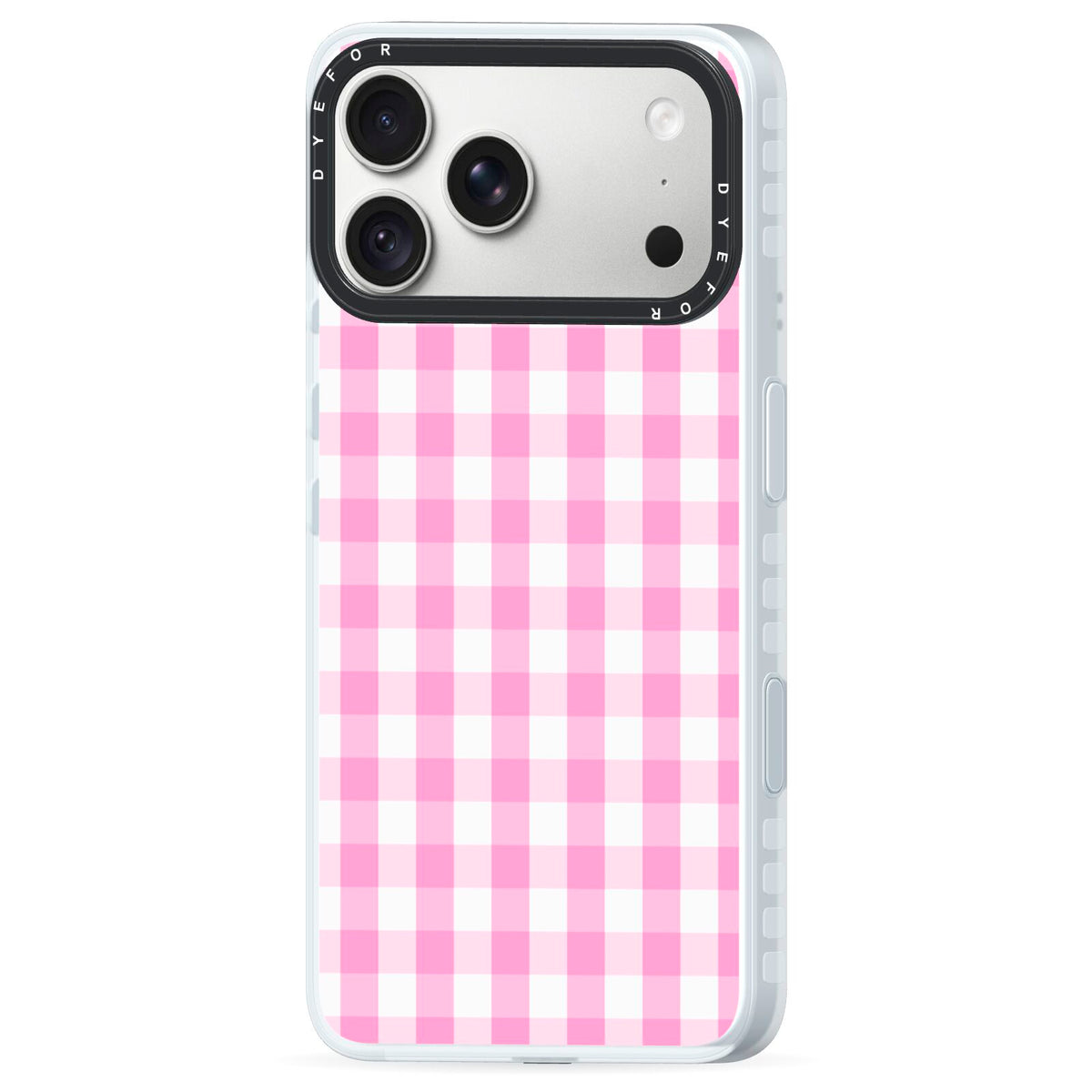 Pink Gingham Check iPhone 18 Pro Max Black Impact Pre order Case Side Angle on Silver phone