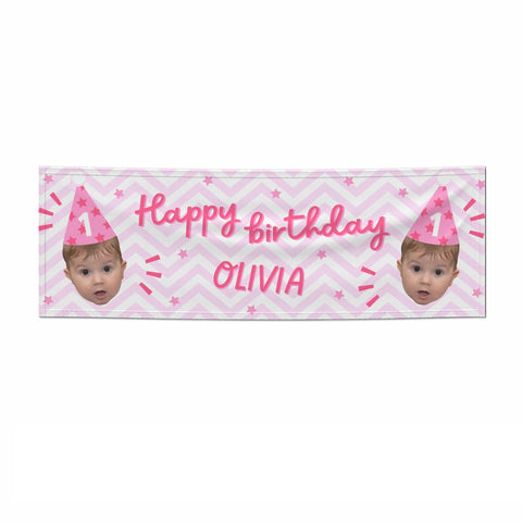 Pink Happy Birthday Personalised Face 3x1 Paper Banner