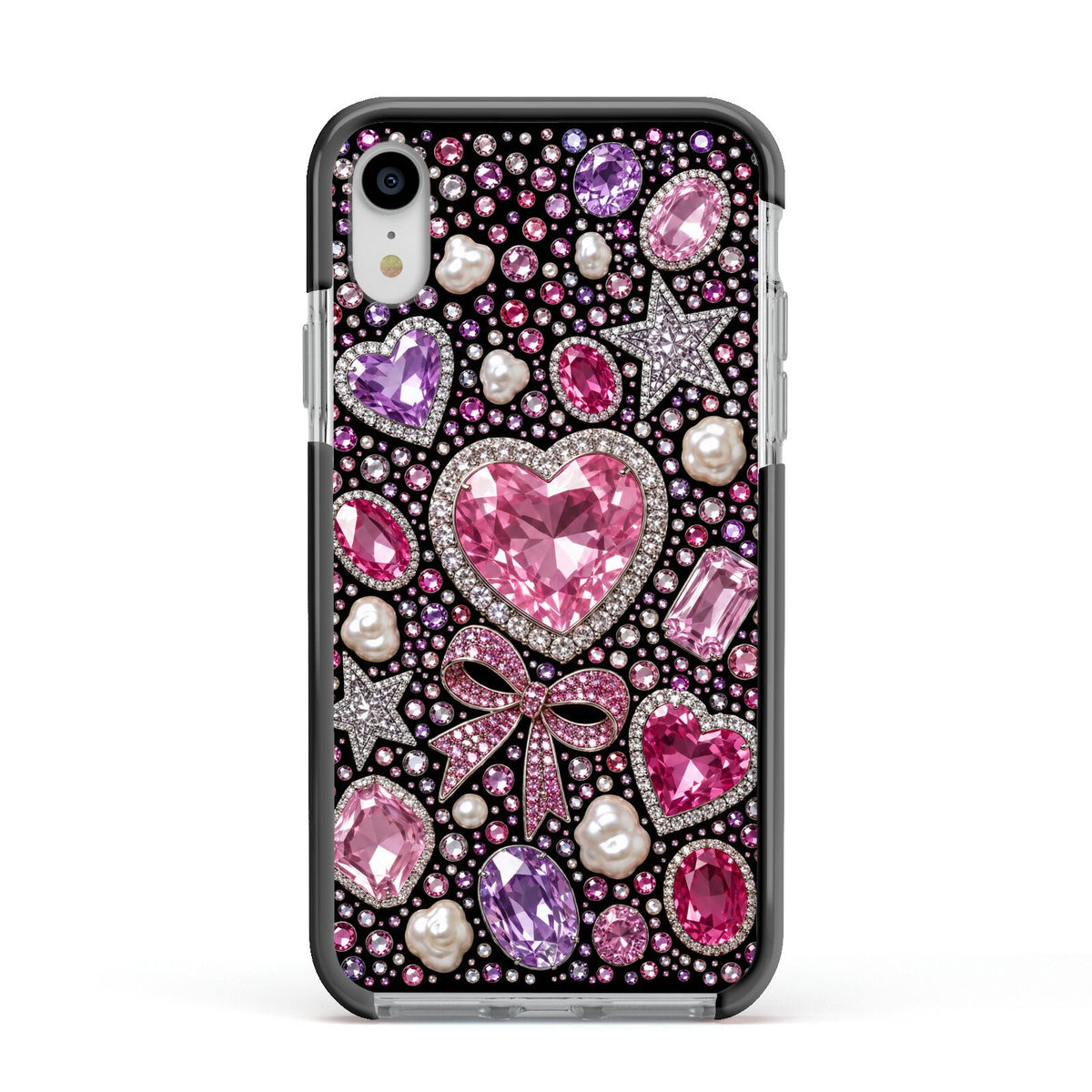 Pink Heirloom Jewels Apple iPhone XR Impact Case Black Edge on Silver Phone