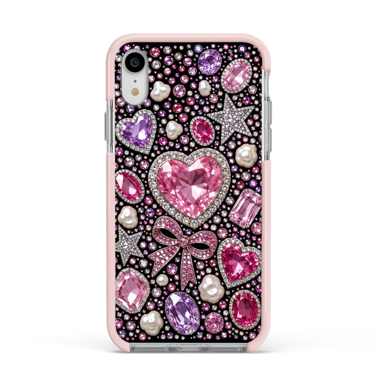 Pink Heirloom Jewels Apple iPhone XR Impact Case Pink Edge on Silver Phone