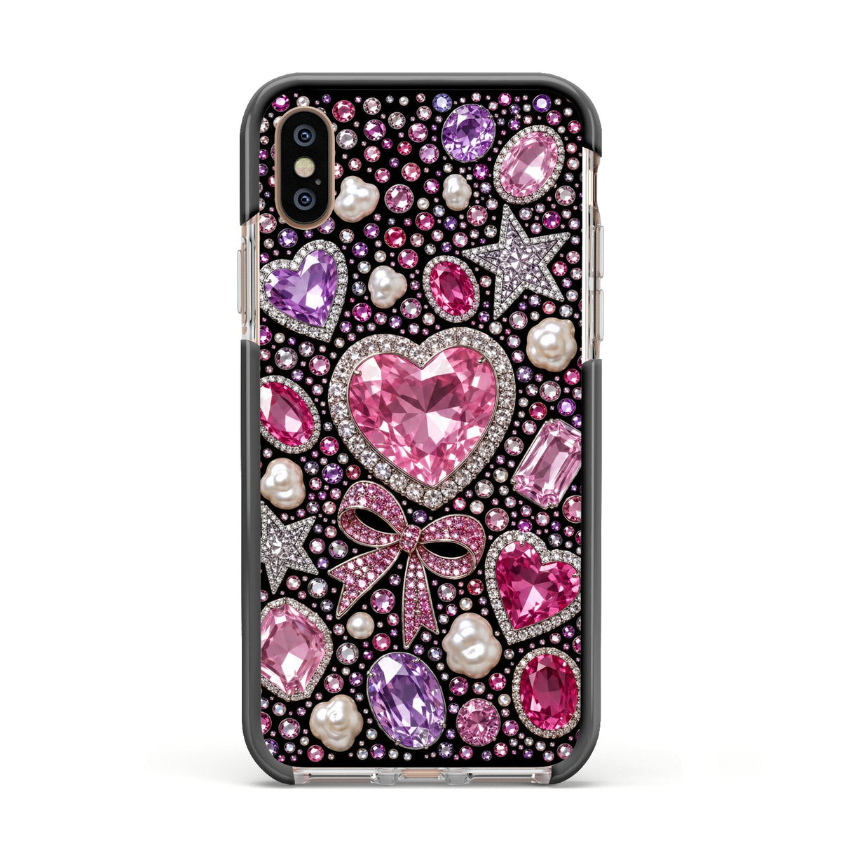 Pink Heirloom Jewels Apple iPhone Xs Impact Case Black Edge on Gold Phone