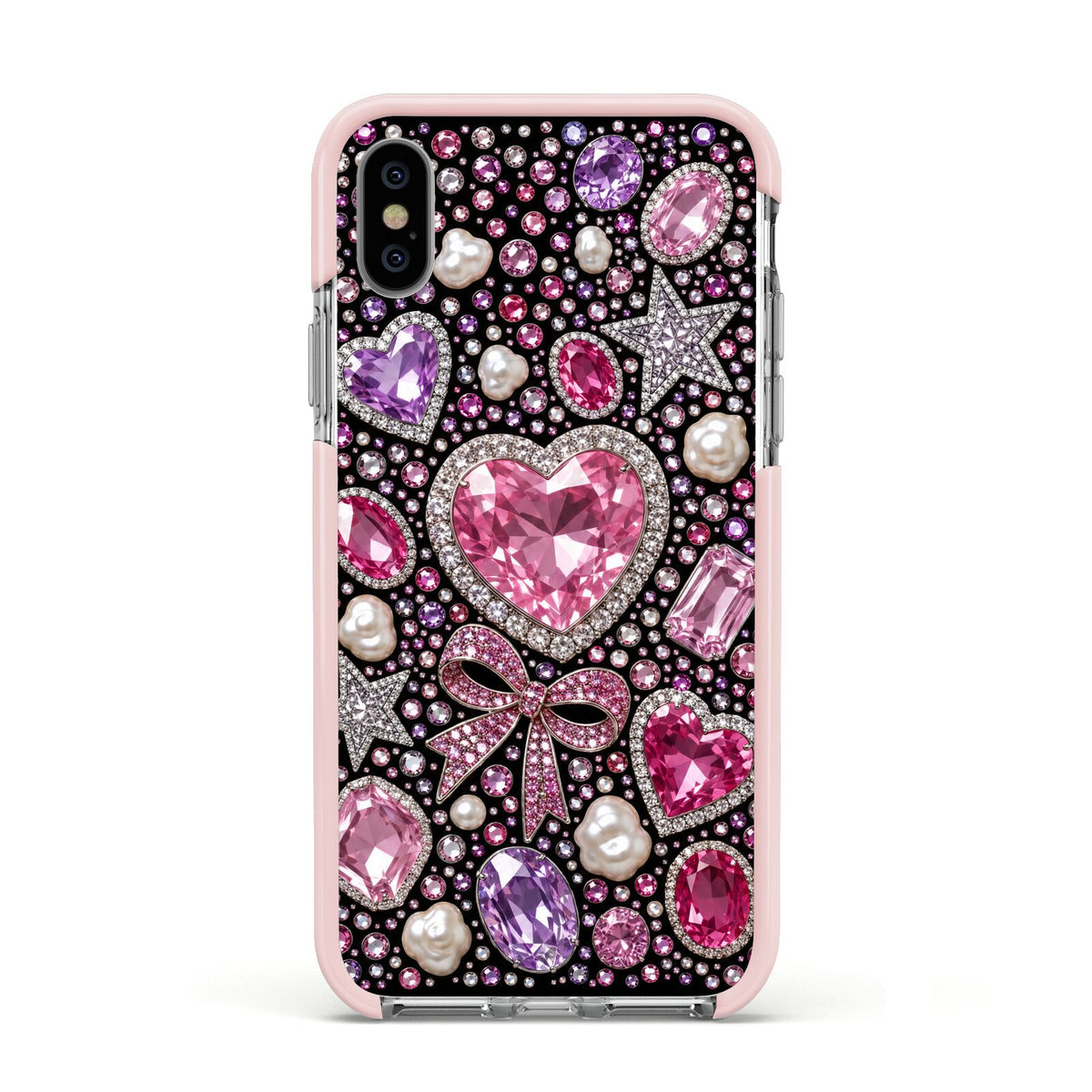 Pink Heirloom Jewels Apple iPhone Xs Impact Case Pink Edge on Silver Phone