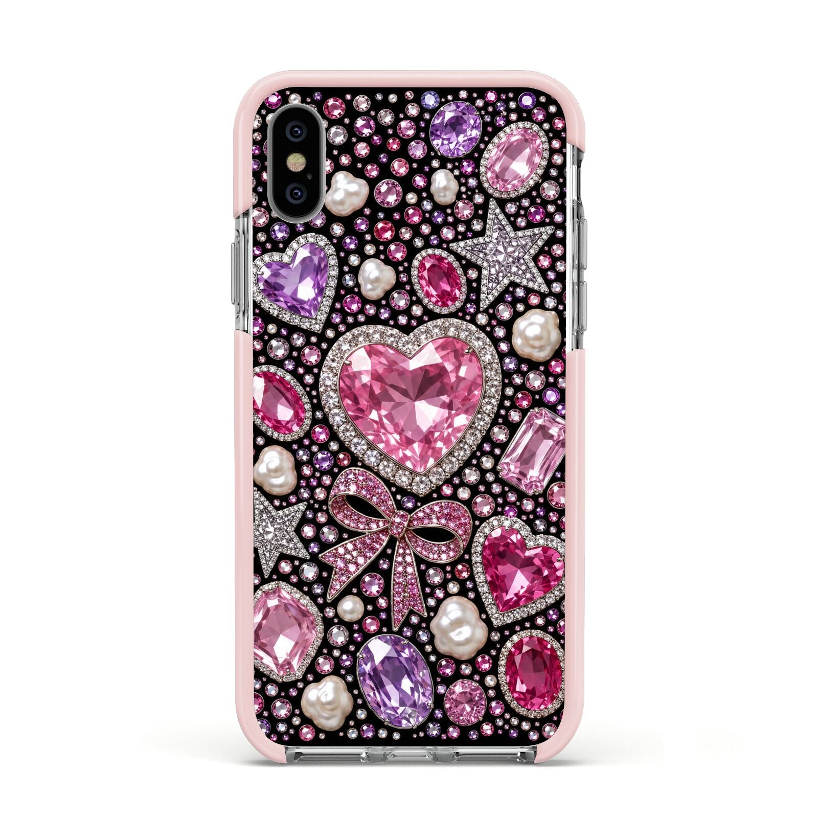 Pink Heirloom Jewels Apple iPhone Xs Impact Case Pink Edge on Silver Phone