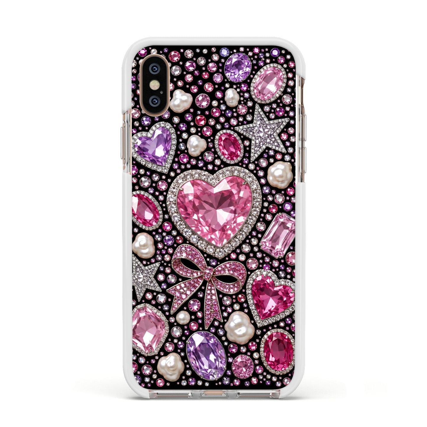 Pink Heirloom Jewels Apple iPhone Xs Impact Case White Edge on Gold Phone
