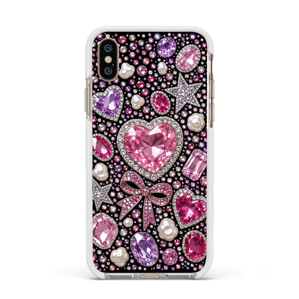 Pink Heirloom Jewels Apple iPhone Xs Impact Case White Edge on Gold Phone