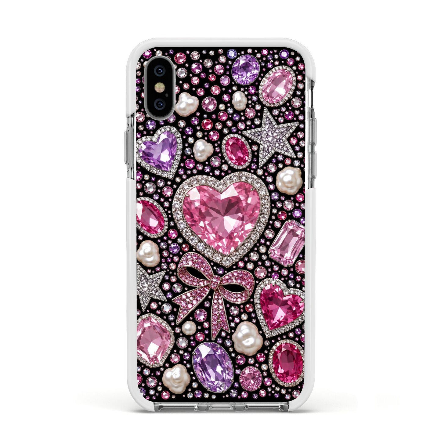 Pink Heirloom Jewels Apple iPhone Xs Impact Case White Edge on Silver Phone