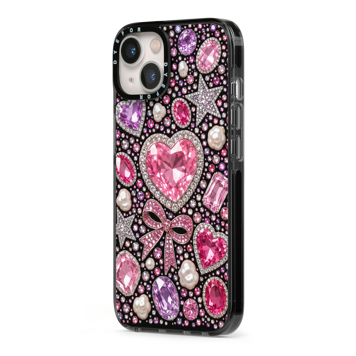 Pink Heirloom Jewels iPhone 13 Black Impact Case Side Angle on Silver phone