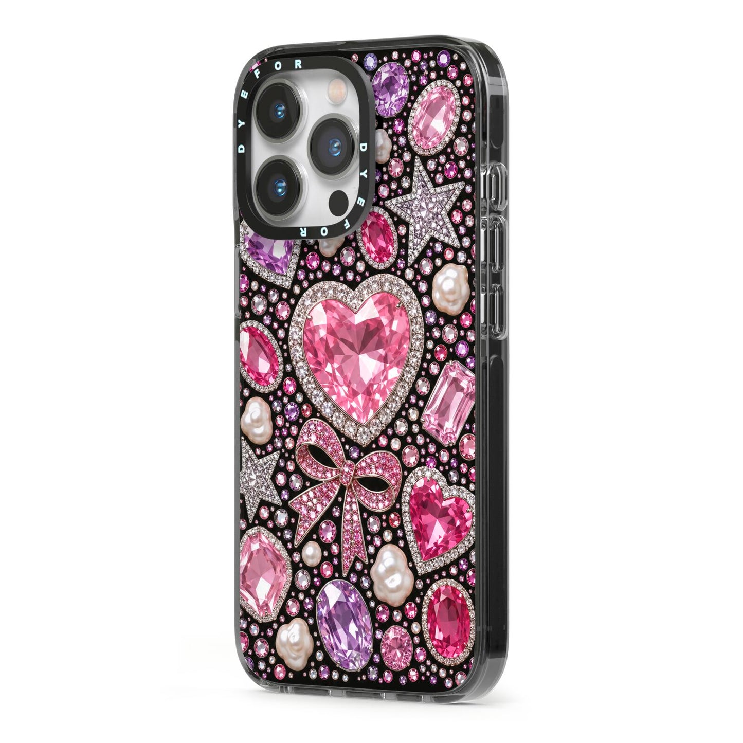 Pink Heirloom Jewels iPhone 13 Pro Black Impact Case Side Angle on Silver phone