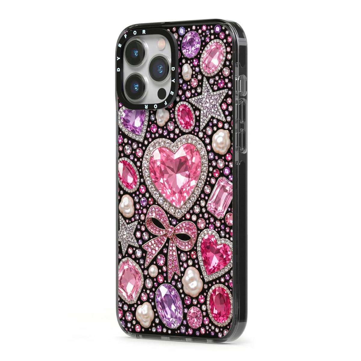 Pink Heirloom Jewels iPhone 13 Pro Max Black Impact Case Side Angle on Silver phone