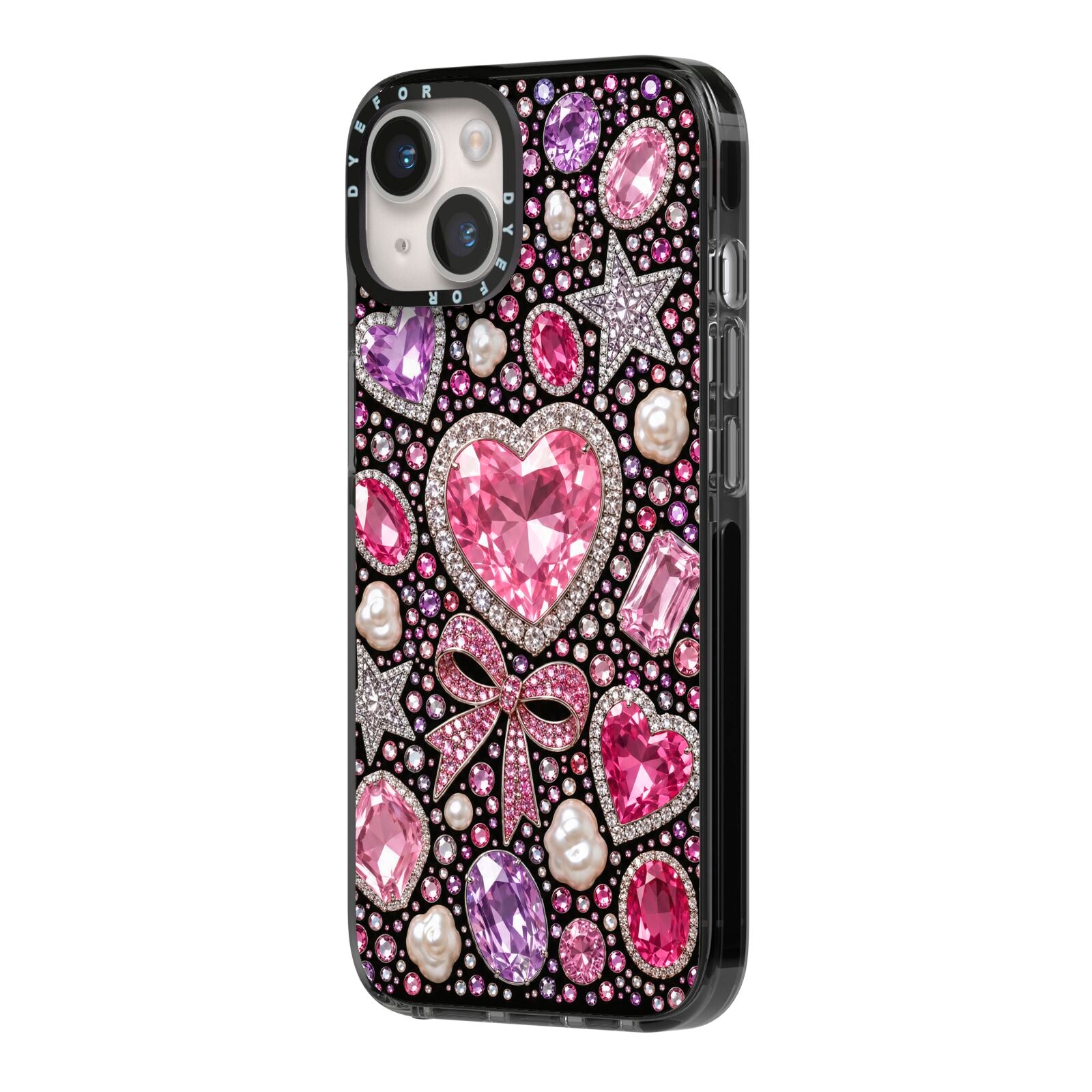 Pink Heirloom Jewels iPhone 14 Black Impact Case Side Angle on Silver phone
