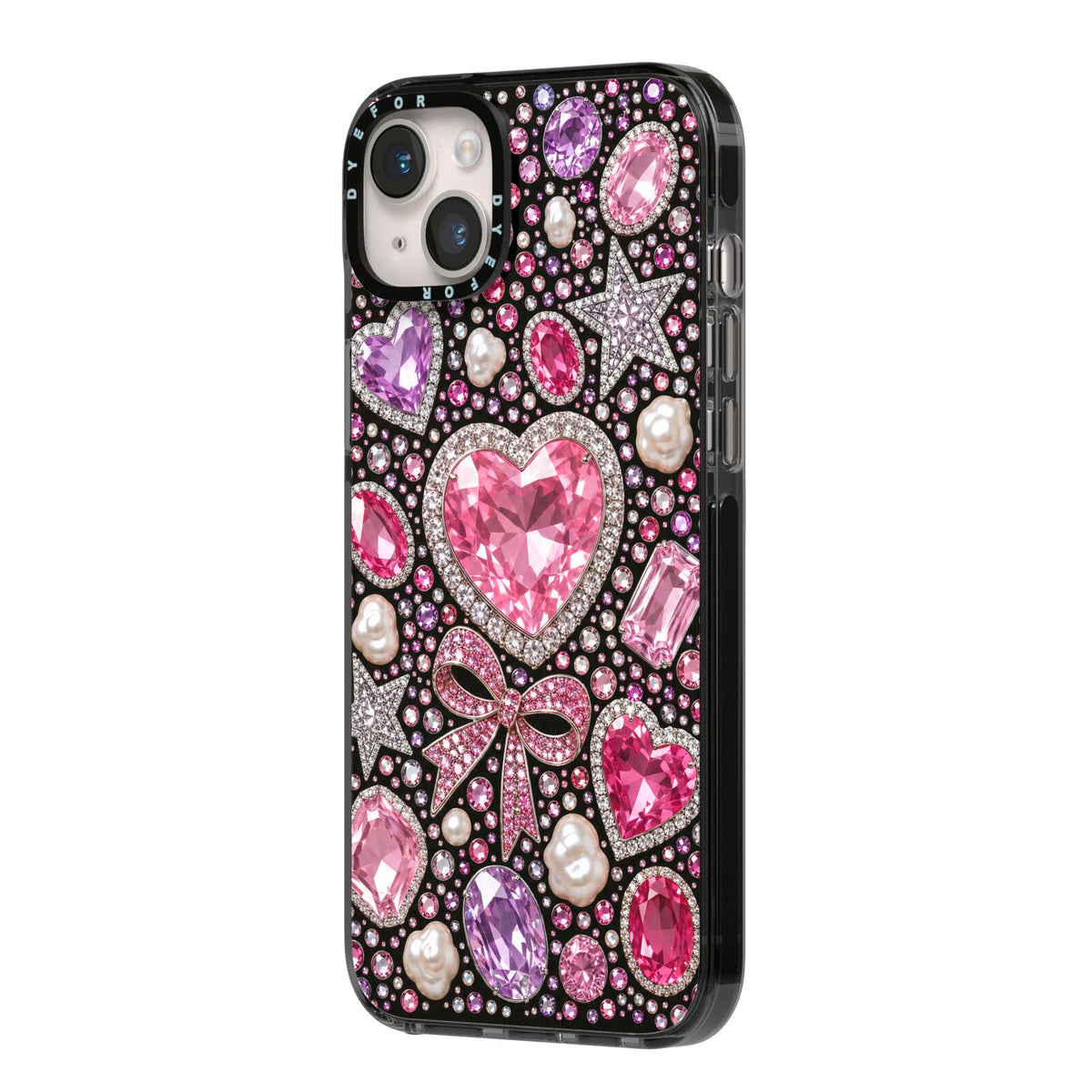 Pink Heirloom Jewels iPhone 14 Plus Black Impact Case Side Angle on Silver phone
