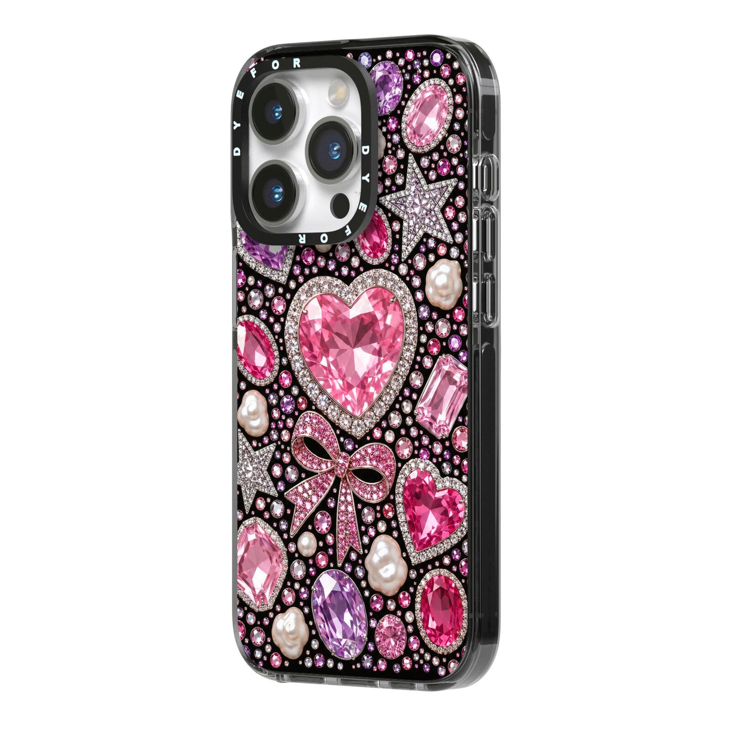 Pink Heirloom Jewels iPhone 14 Pro Black Impact Case Side Angle on Silver phone