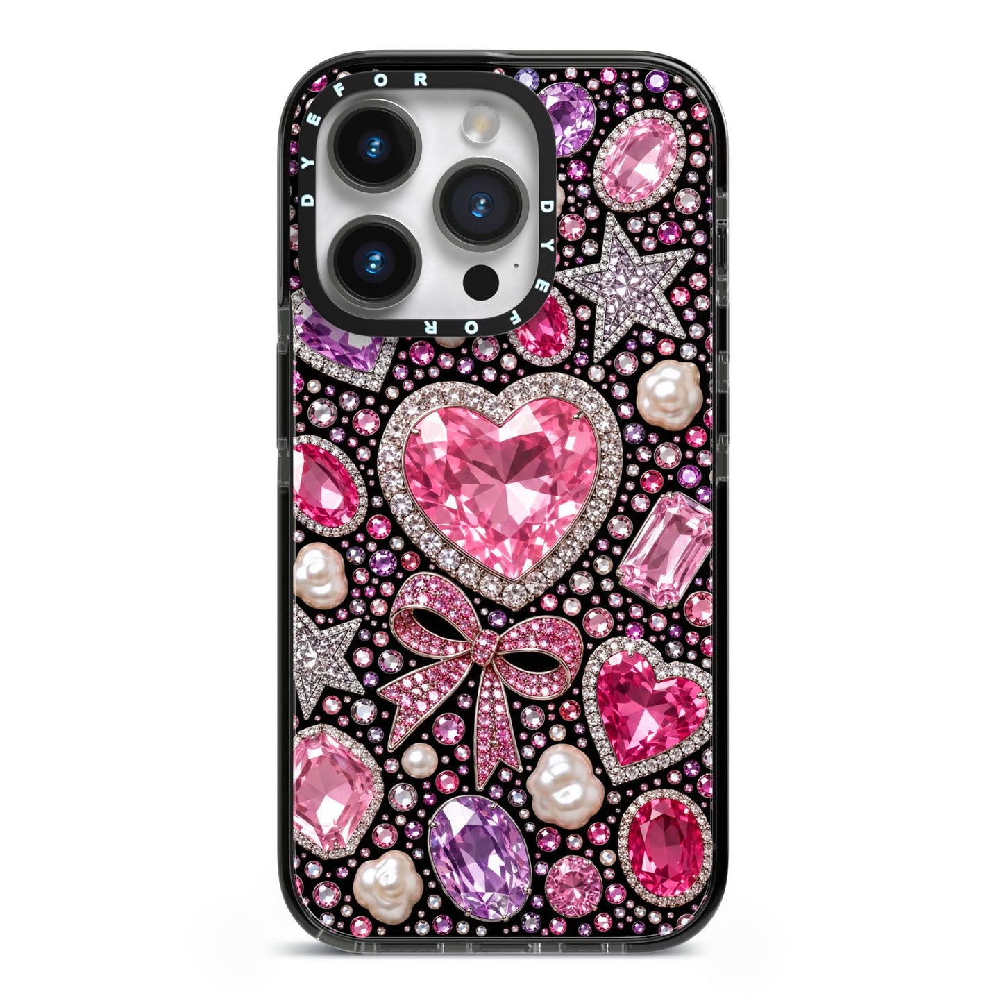 Pink Heirloom Jewels iPhone 14 Pro Black Impact Case on Silver phone