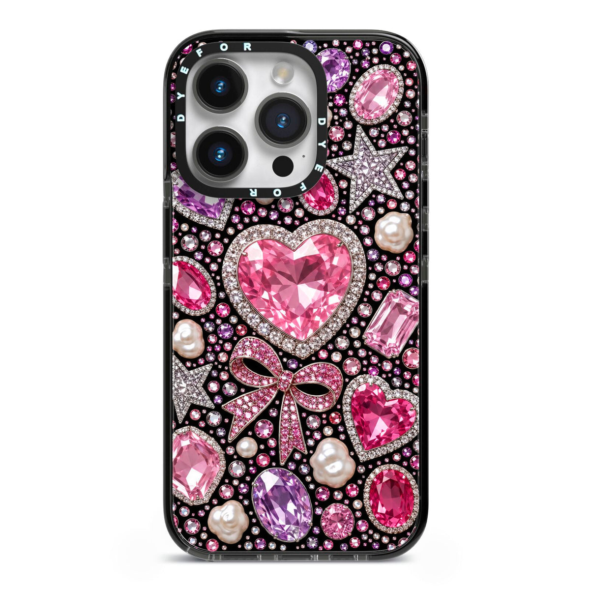 Pink Heirloom Jewels iPhone 14 Pro Black Impact Case on Silver phone