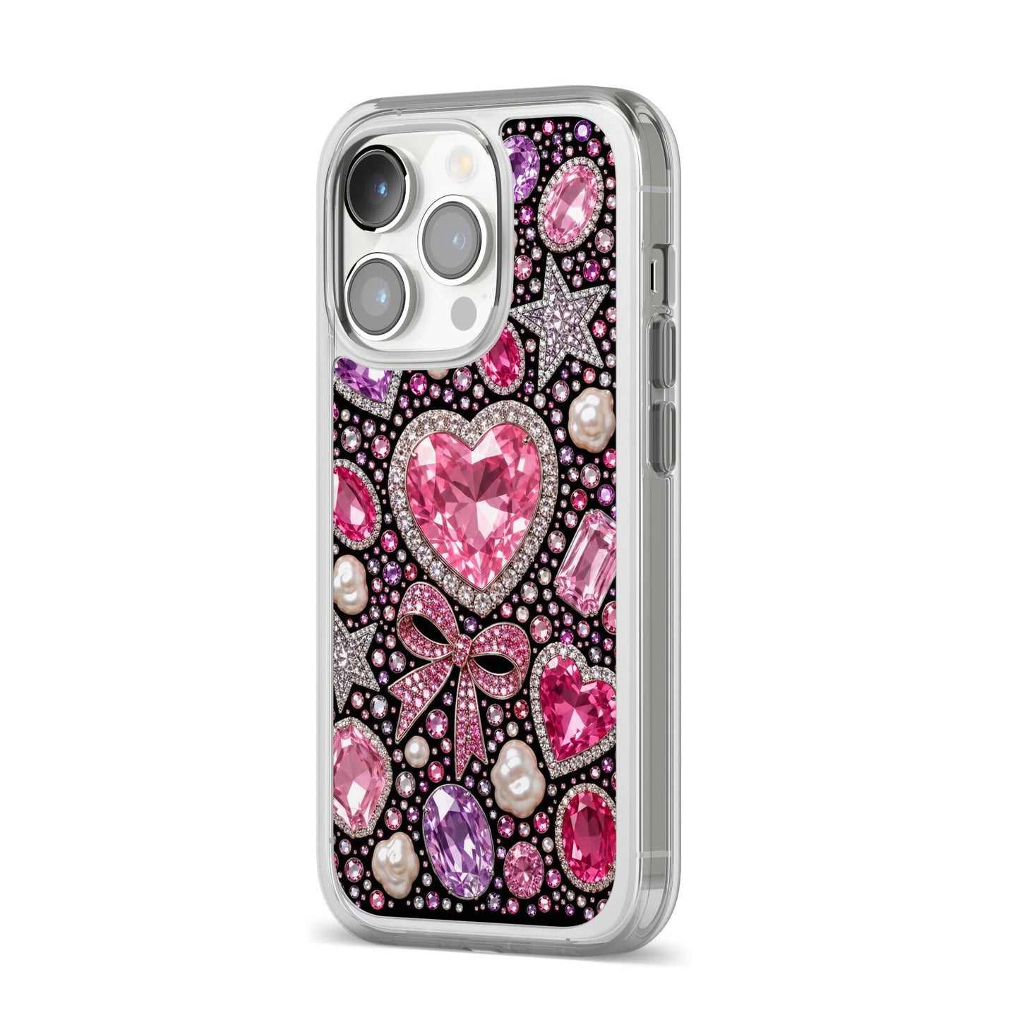 Pink Heirloom Jewels iPhone 14 Pro Clear Tough Case Silver Angled Image
