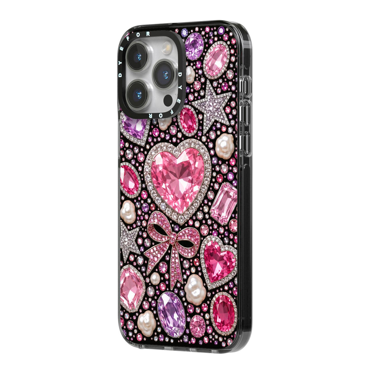 Pink Heirloom Jewels iPhone 14 Pro Max Black Impact Case Side Angle on Silver phone