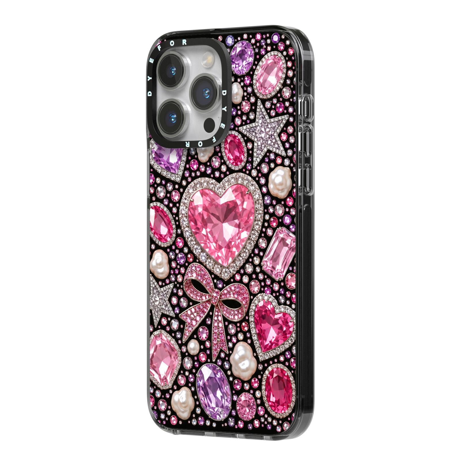 Pink Heirloom Jewels iPhone 14 Pro Max Black Impact Case Side Angle on Silver phone