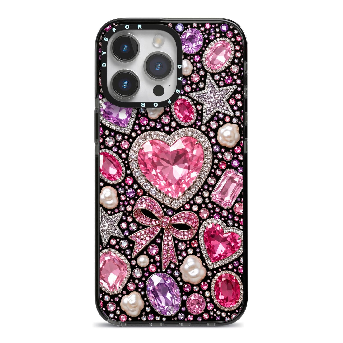 Pink Heirloom Jewels iPhone 14 Pro Max Black Impact Case on Silver phone