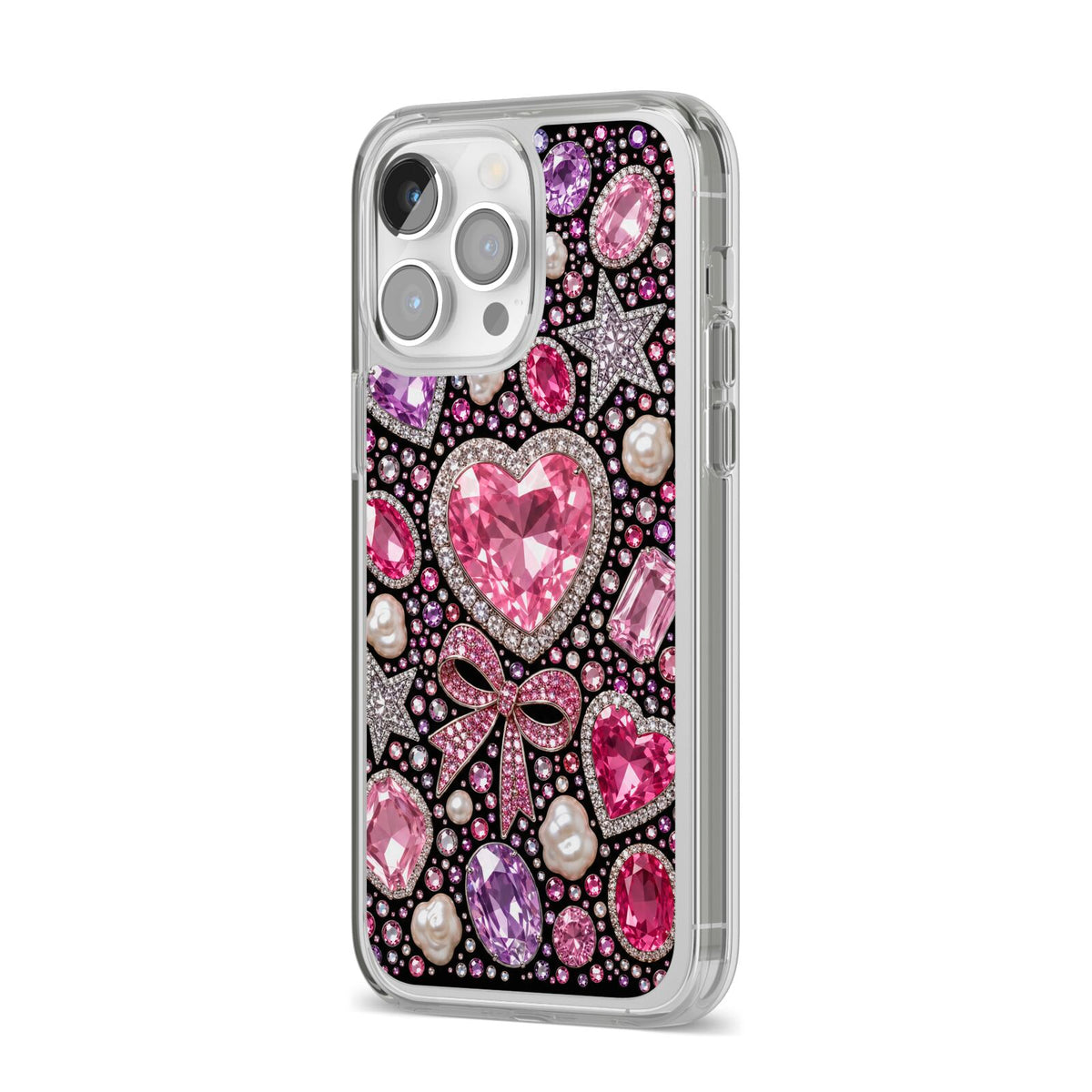 Pink Heirloom Jewels iPhone 14 Pro Max Clear Tough Case Silver Angled Image