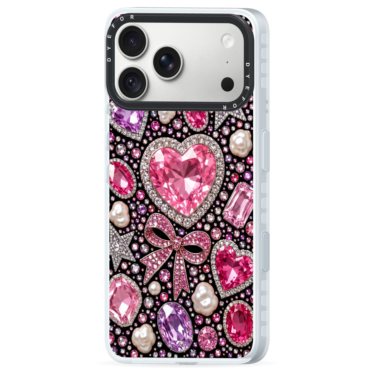 Pink Heirloom Jewels iPhone 18 Pro Max Black Impact Pre order Case Side Angle on Silver phone