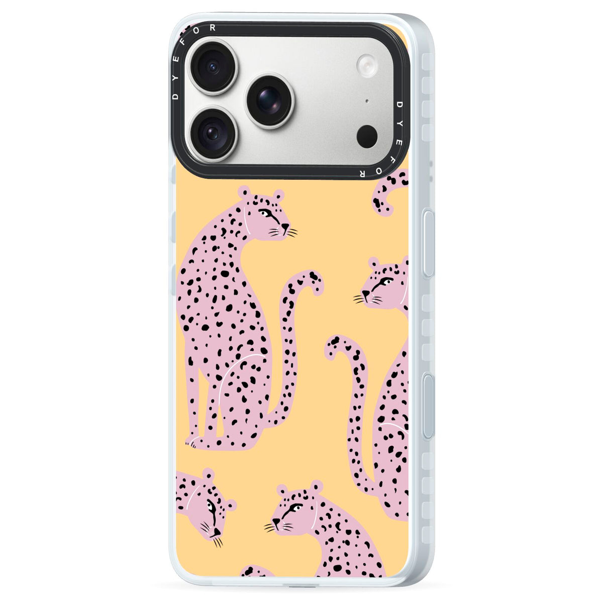 Pink Leopards iPhone 18 Pro Black Impact Pre order Case Side Angle on Silver phone
