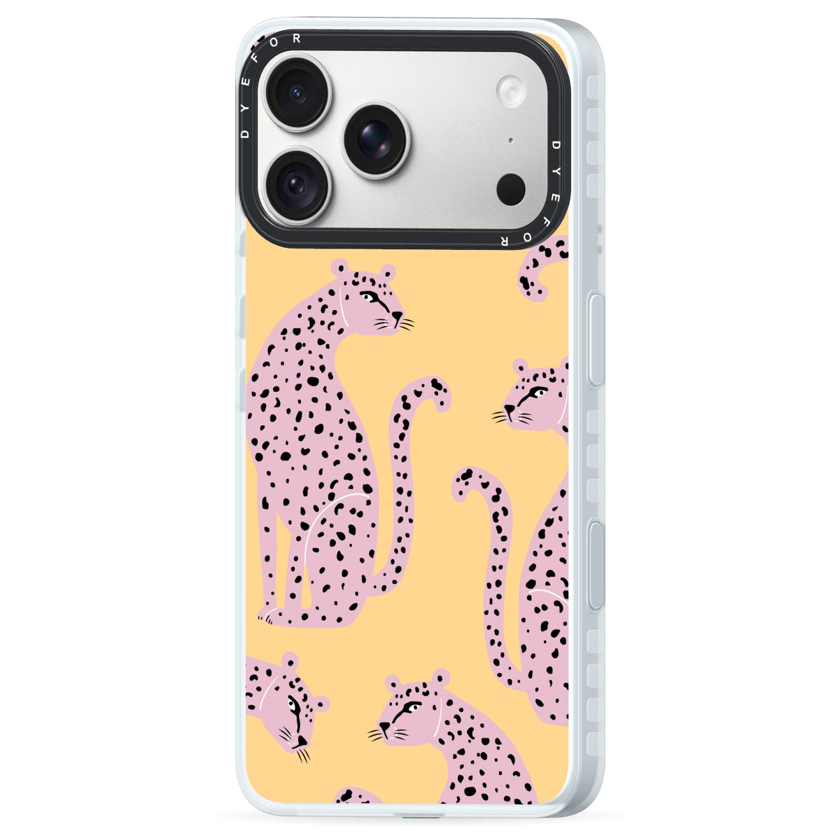 Pink Leopards iPhone 18 Pro Max Black Impact Pre order Case Side Angle on Silver phone