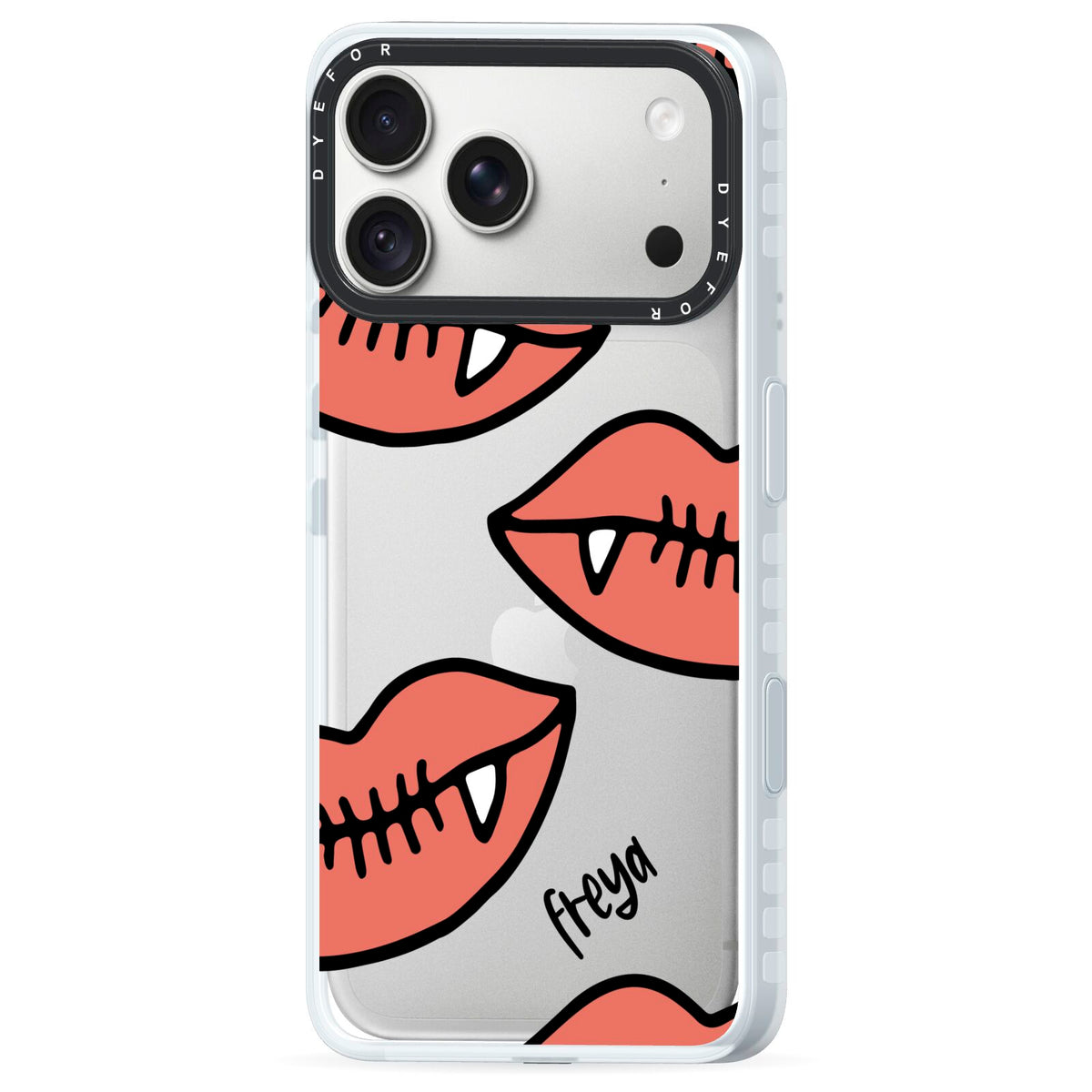 Pink Lips with Fangs Personalised iPhone 18 Pro Max Black Impact Pre order Case Side Angle on Silver phone