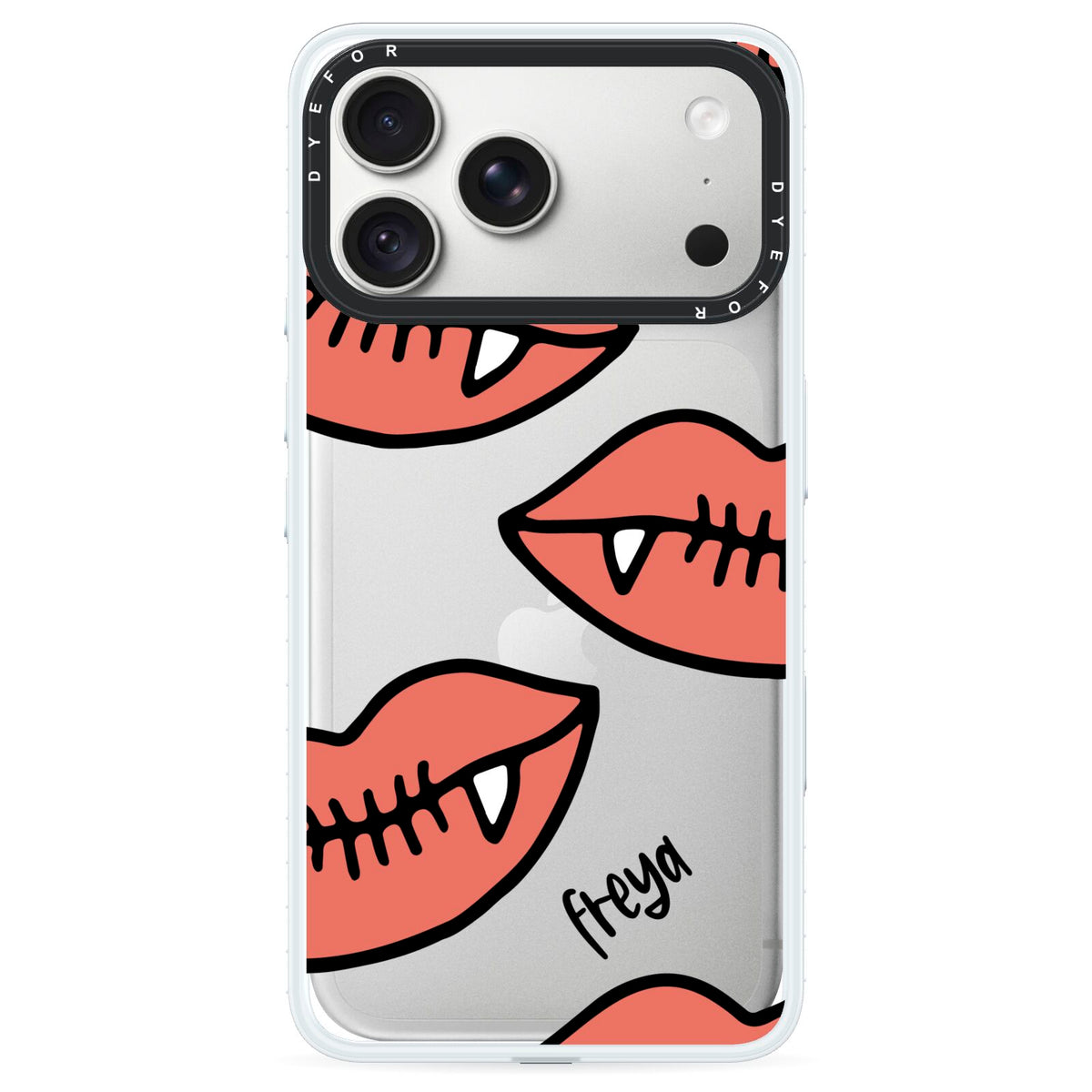 Pink Lips with Fangs Personalised iPhone 18 Pro Max Black Impact Pre order Case on Silver phone