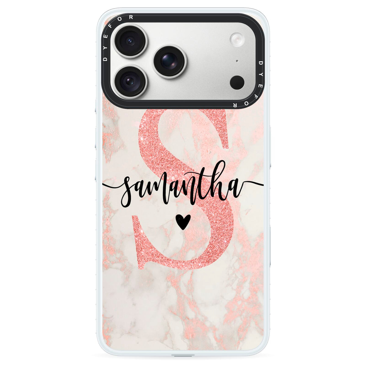 Pink Marble Glitter Monogram Personalised Name iPhone 18 Pro Black Impact Pre order Case on Silver phone