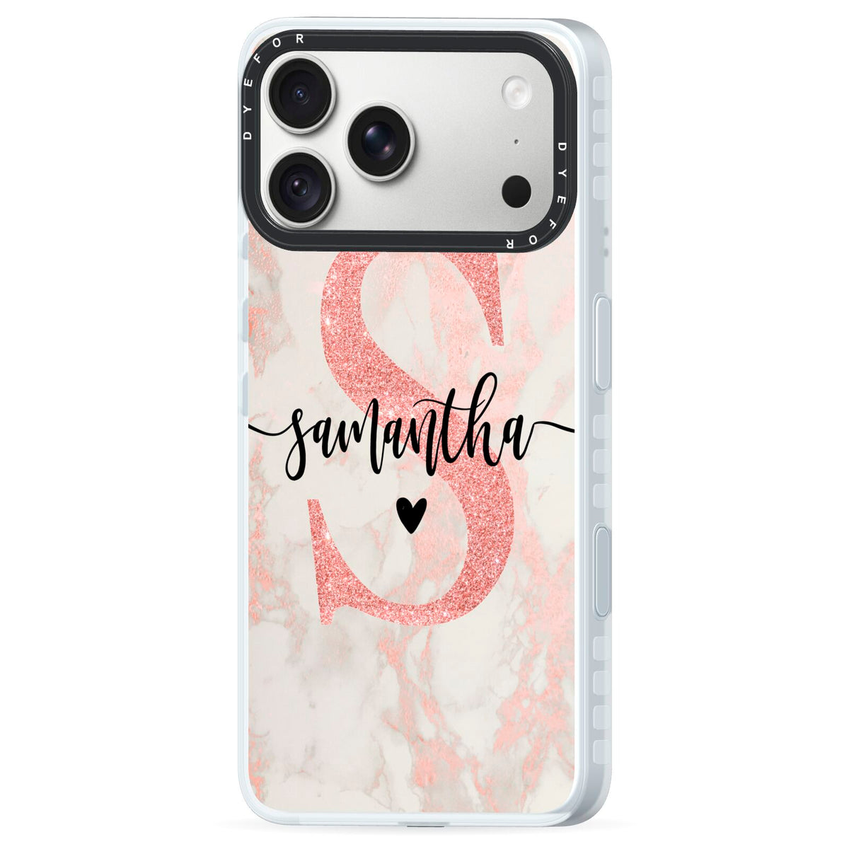 Pink Marble Glitter Monogram Personalised Name iPhone 18 Pro Max Black Impact Pre order Case Side Angle on Silver phone
