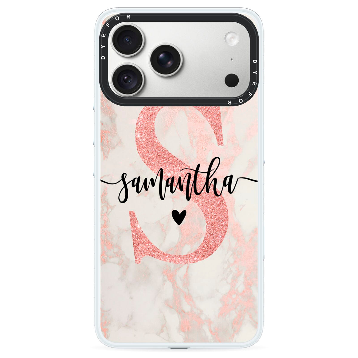 Pink Marble Glitter Monogram Personalised Name iPhone 18 Pro Max Black Impact Pre order Case on Silver phone