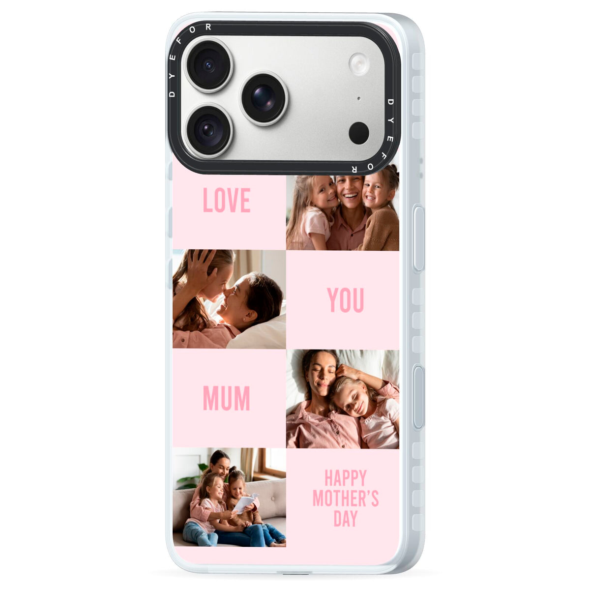 Pink Mothers Day Photo Collage iPhone 18 Pro Max Black Impact Pre order Case Side Angle on Silver phone