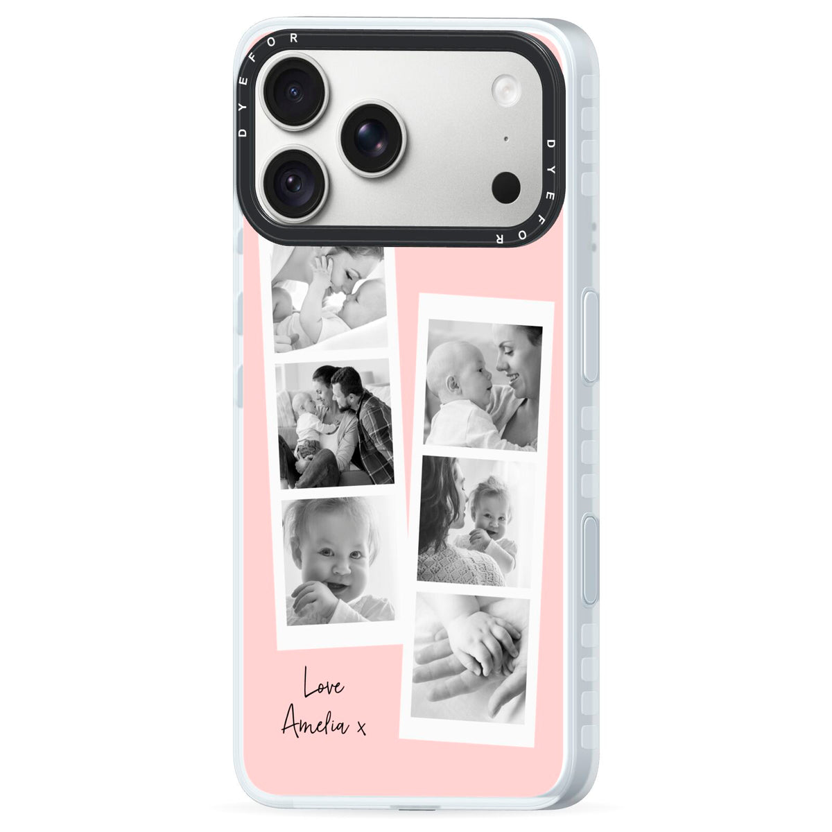 Pink Mothers Day Photo Strips iPhone 18 Pro Max Black Impact Pre order Case Side Angle on Silver phone