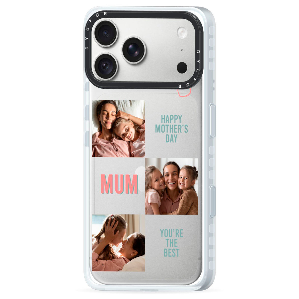 Pink Mum Photo Collage iPhone 18 Pro Black Impact Pre order Case Side Angle on Silver phone