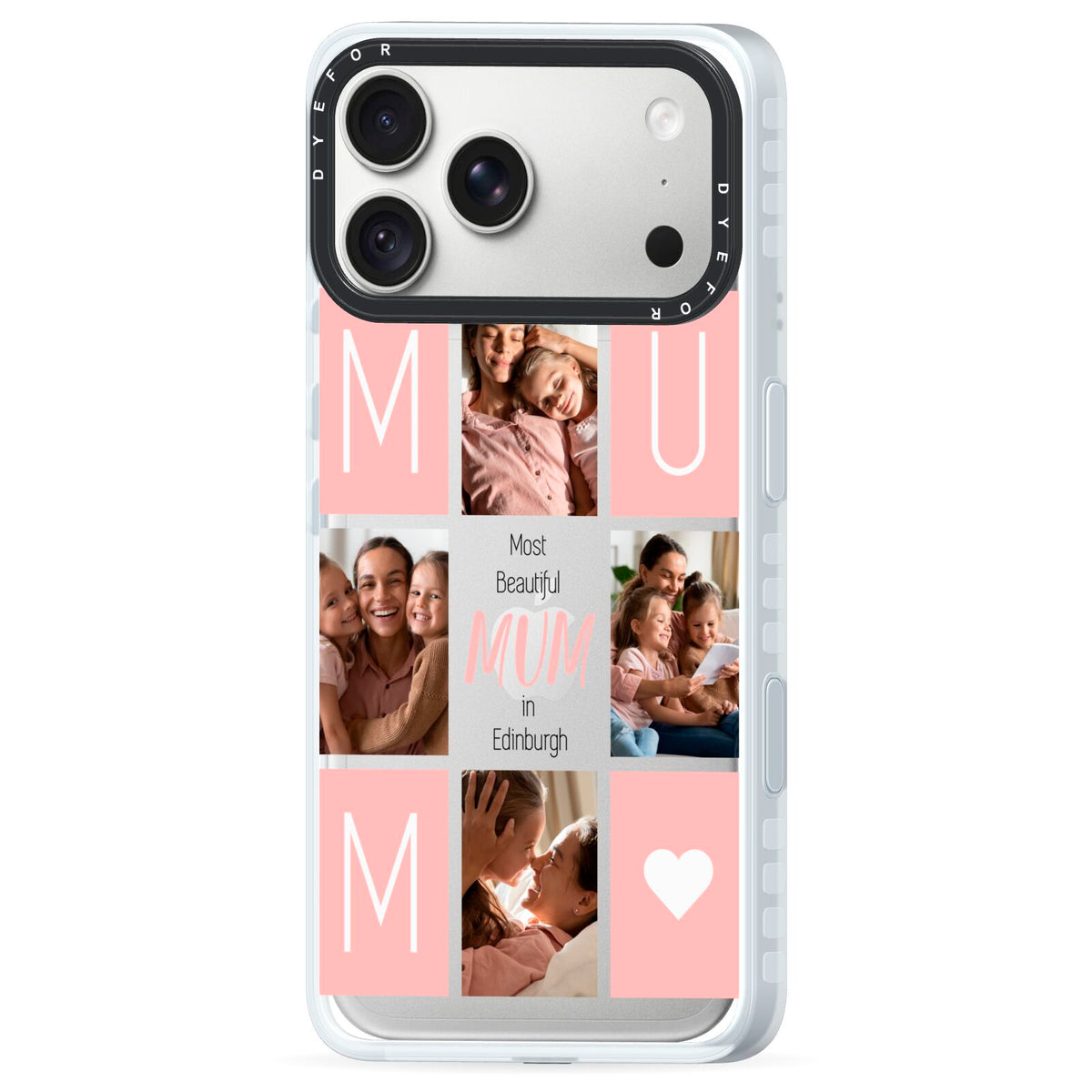 Pink Mum Photo Tiles iPhone 18 Pro Max Black Impact Pre order Case Side Angle on Silver phone