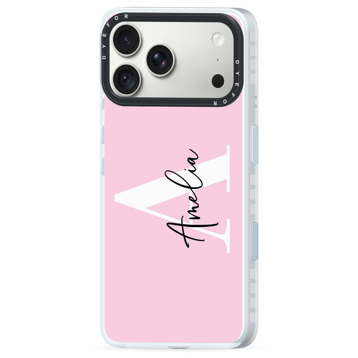 Pink Personalised Initial Name iPhone 18 Pro Black Impact Pre order Case Side Angle on Silver phone