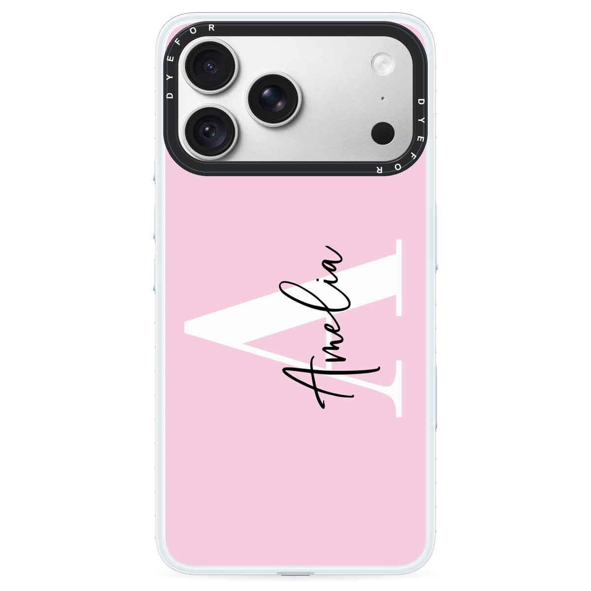Pink Personalised Initial Name iPhone 18 Pro Black Impact Pre order Case on Silver phone