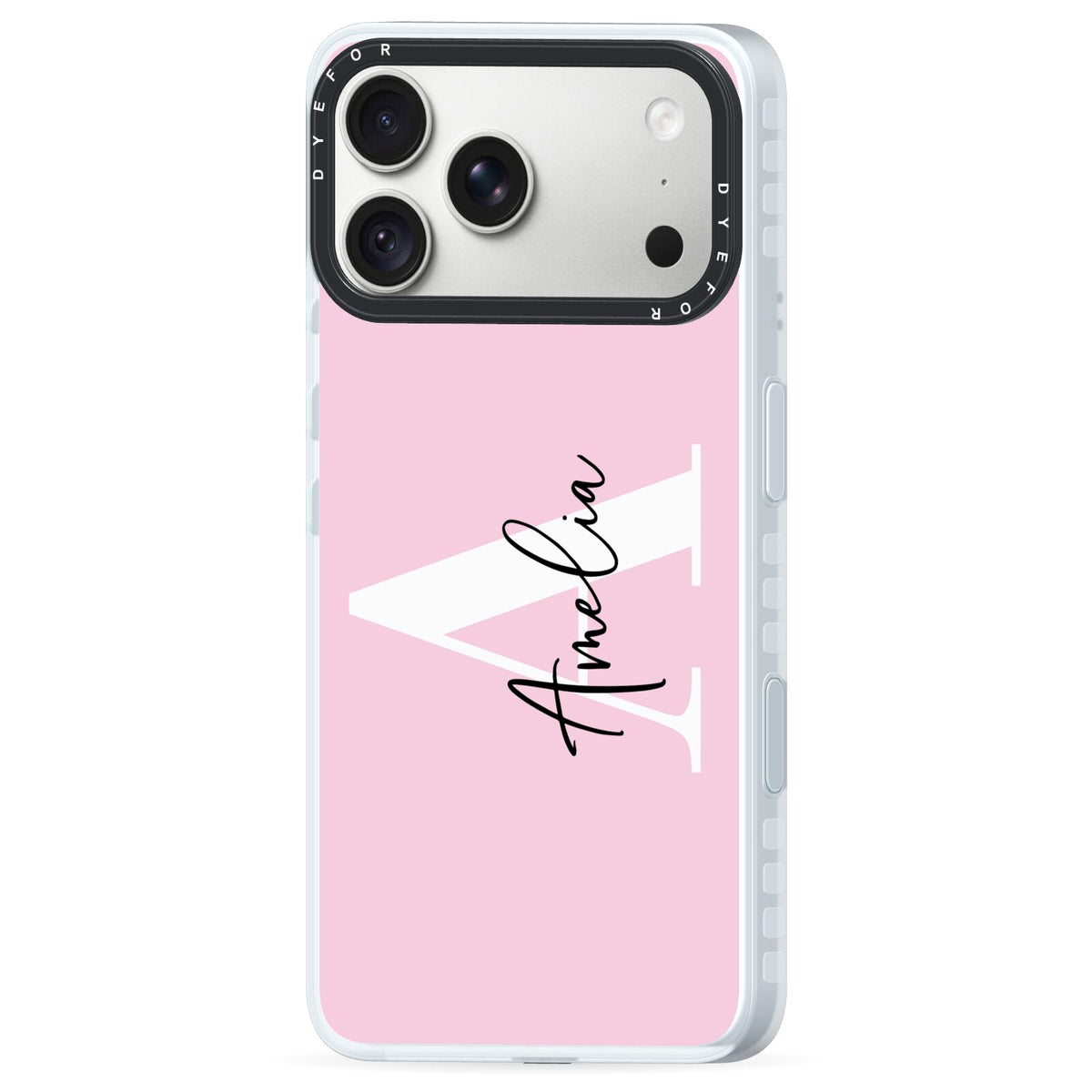Pink Personalised Initial Name iPhone 18 Pro Max Black Impact Pre order Case Side Angle on Silver phone