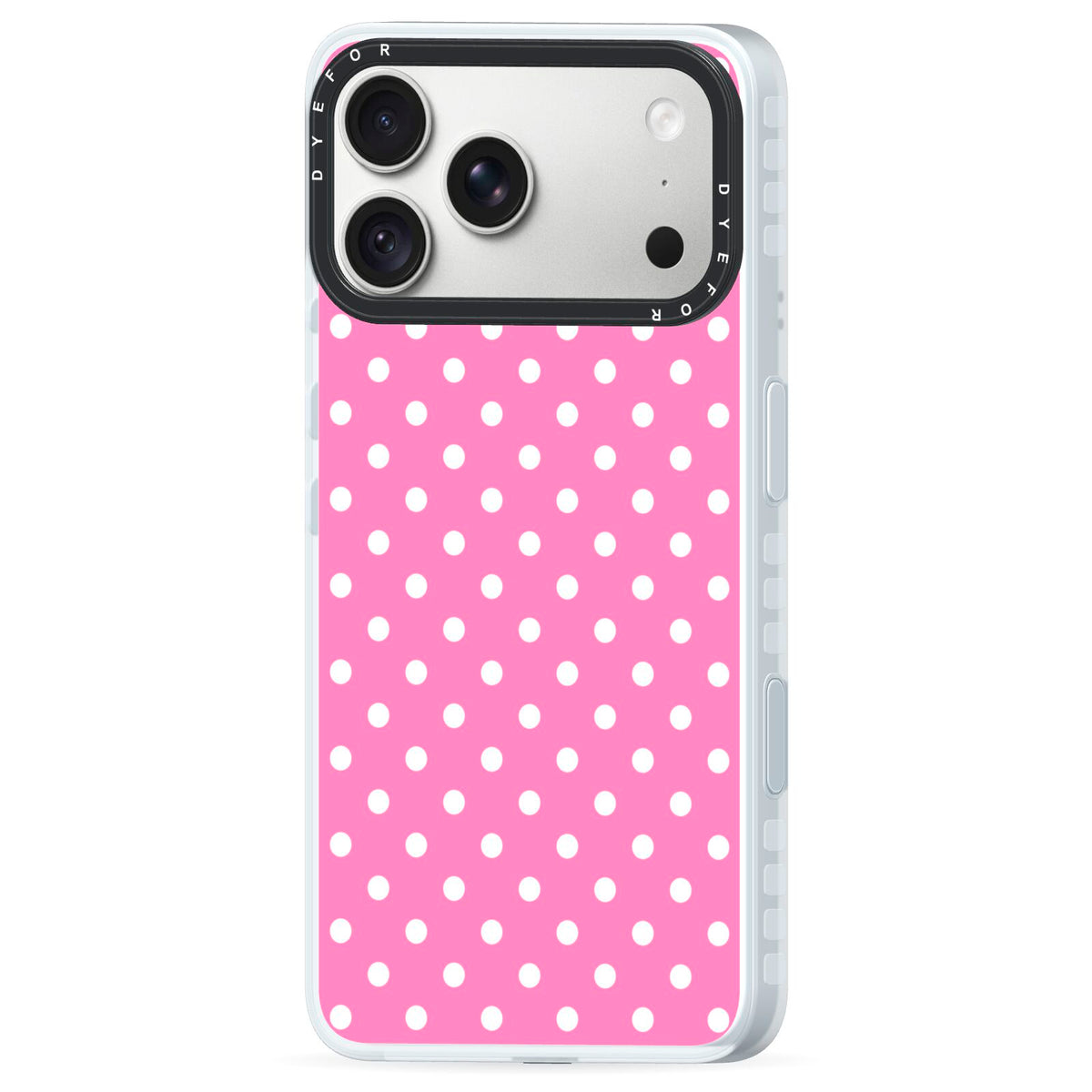 Pink Polka Dot iPhone 18 Pro Black Impact Pre order Case Side Angle on Silver phone