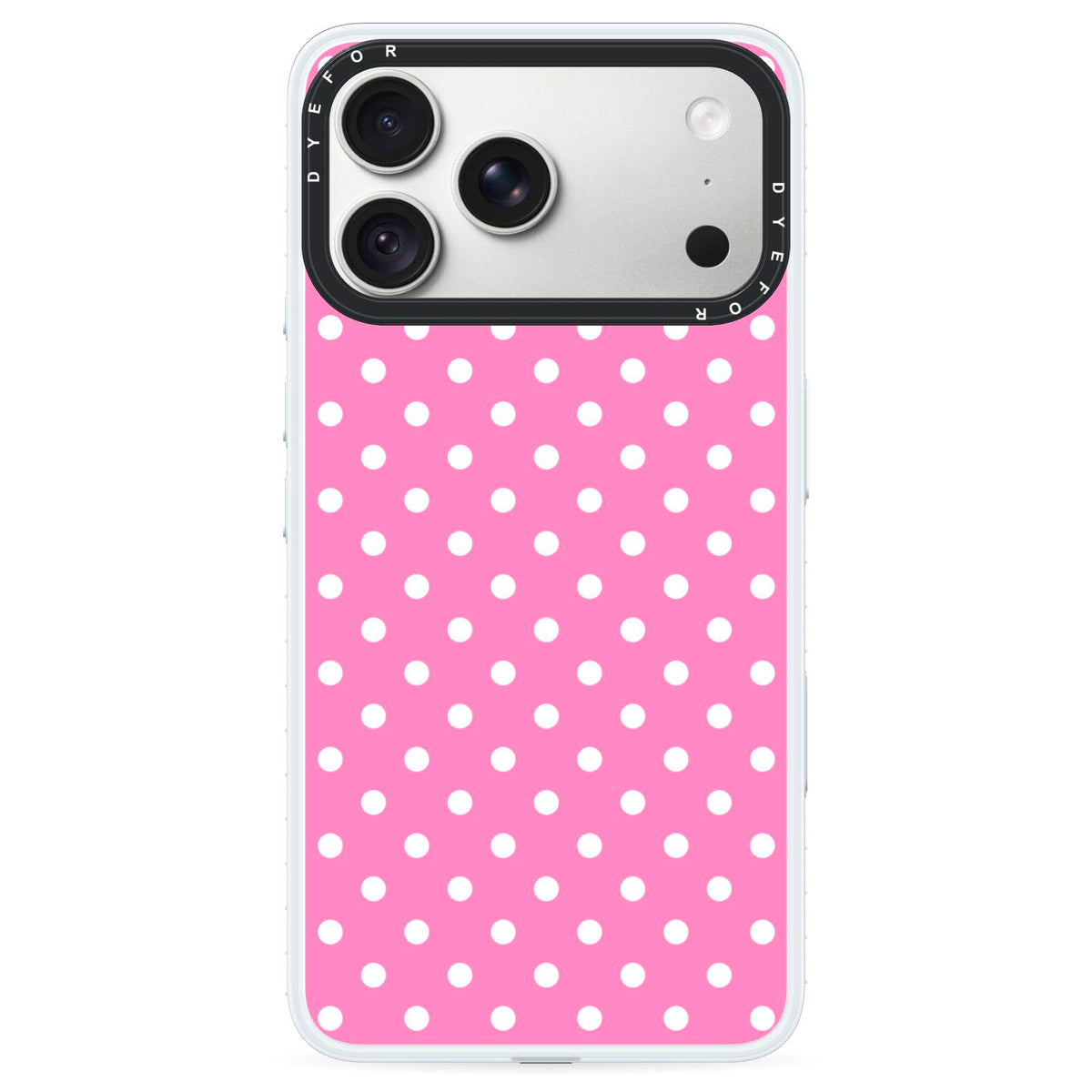 Pink Polka Dot iPhone 18 Pro Black Impact Pre order Case on Silver phone