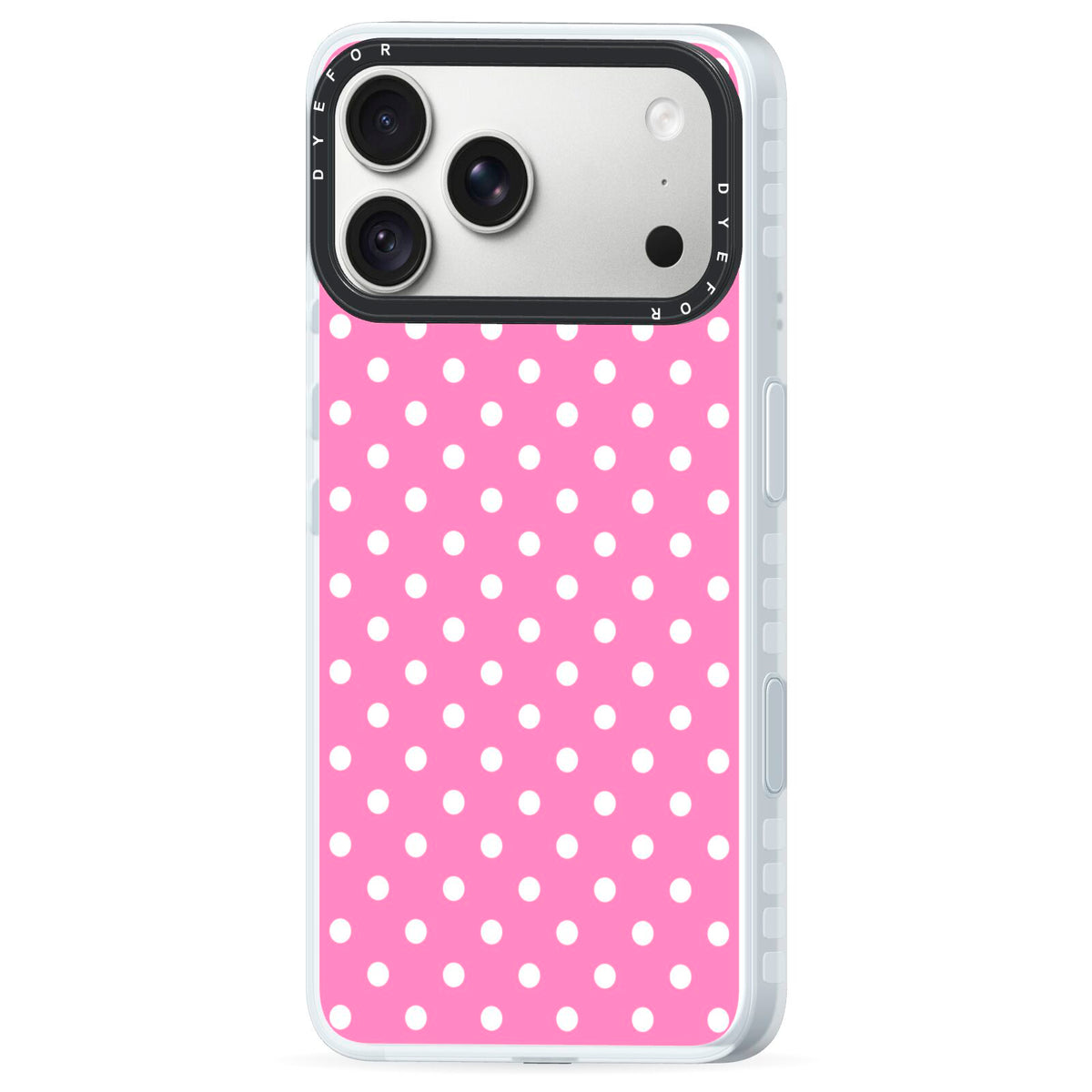 Pink Polka Dot iPhone 18 Pro Max Black Impact Pre order Case Side Angle on Silver phone