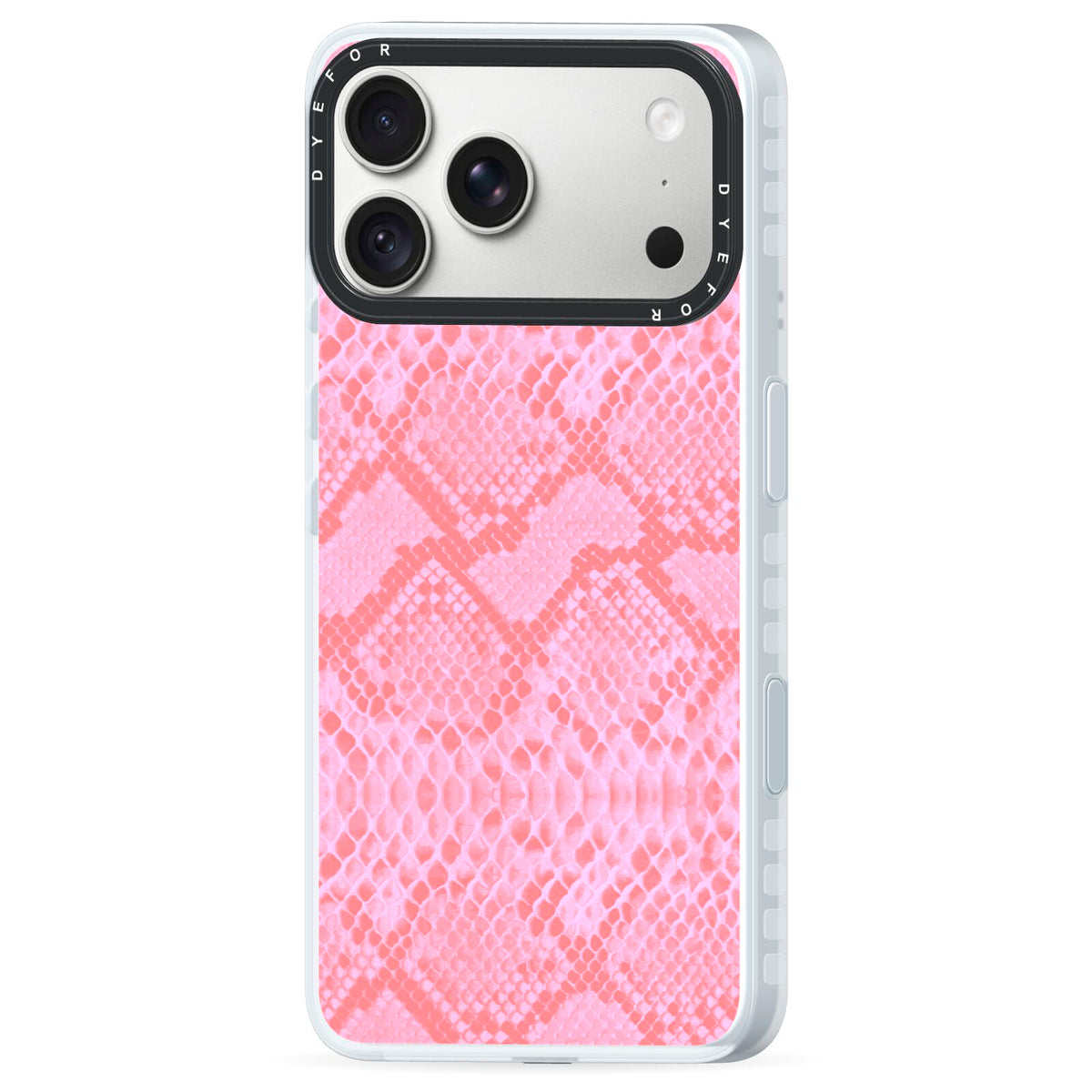 Pink Snakeskin iPhone 18 Pro Black Impact Pre order Case Side Angle on Silver phone